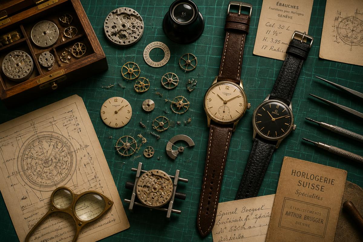 Watchmaking bench with disassembled parts, tools and two finished wristwatches