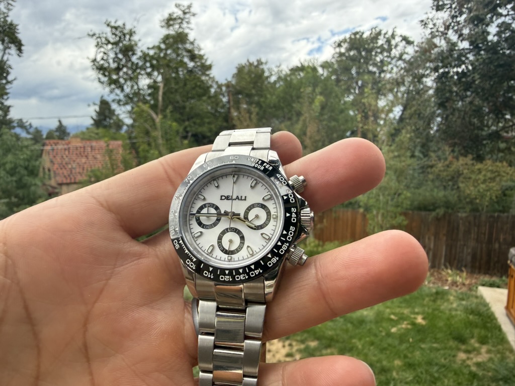 Panda Chronograph Homage — held in a hand with a garden and fence behind it